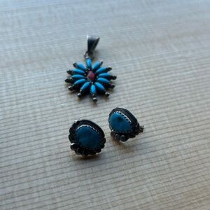 Exquisite Sterling Silver Handcrafted Turquoise Pendant and Earring Set